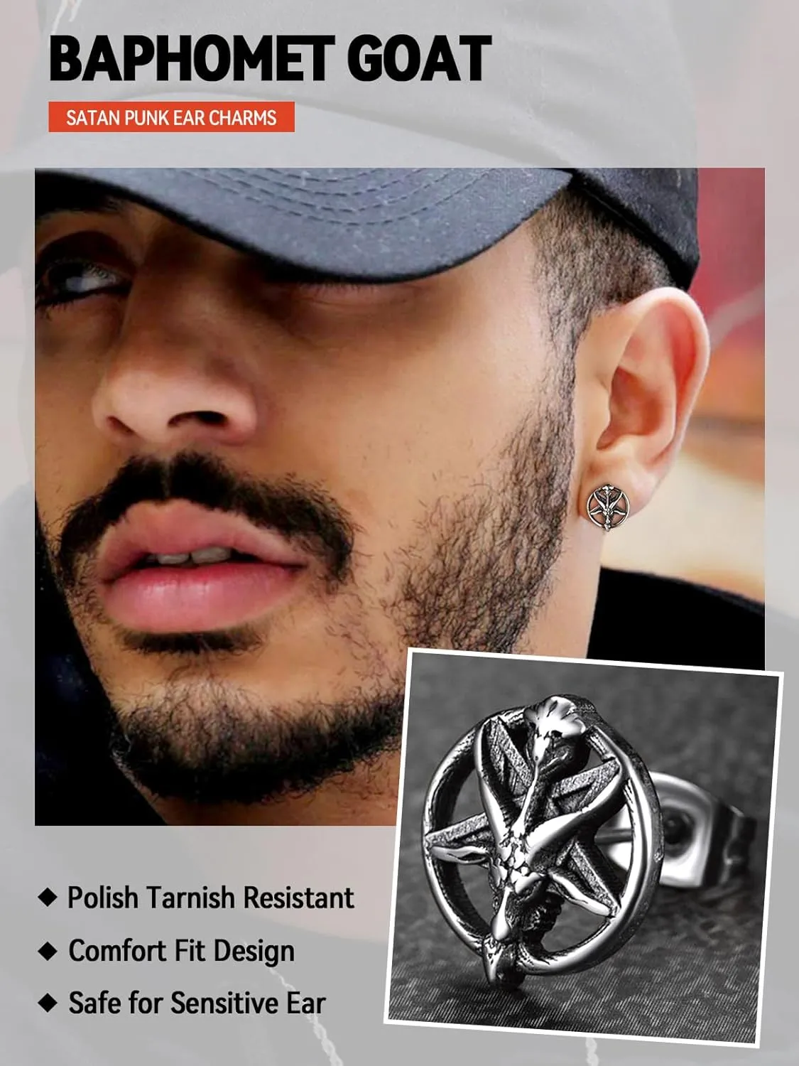FaithHeart Silver Satan Stud Earrings for Men Baphomet/Skull/Leviathan/Lucifer Earrings Stainless Steel Lightweight Earrings Gothic Punk Satanic Jewelry