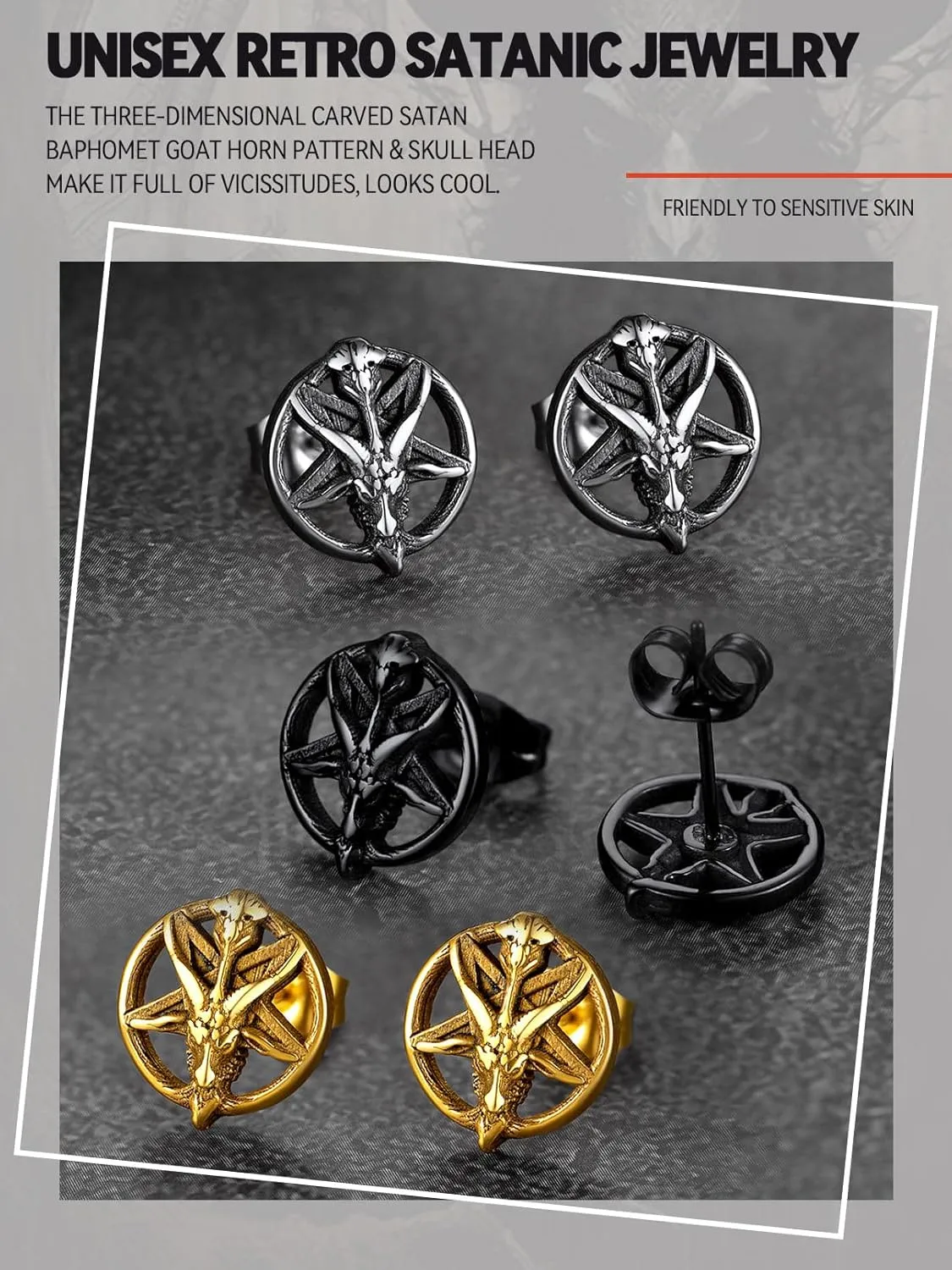 FaithHeart Silver Satan Stud Earrings for Men Baphomet/Skull/Leviathan/Lucifer Earrings Stainless Steel Lightweight Earrings Gothic Punk Satanic Jewelry