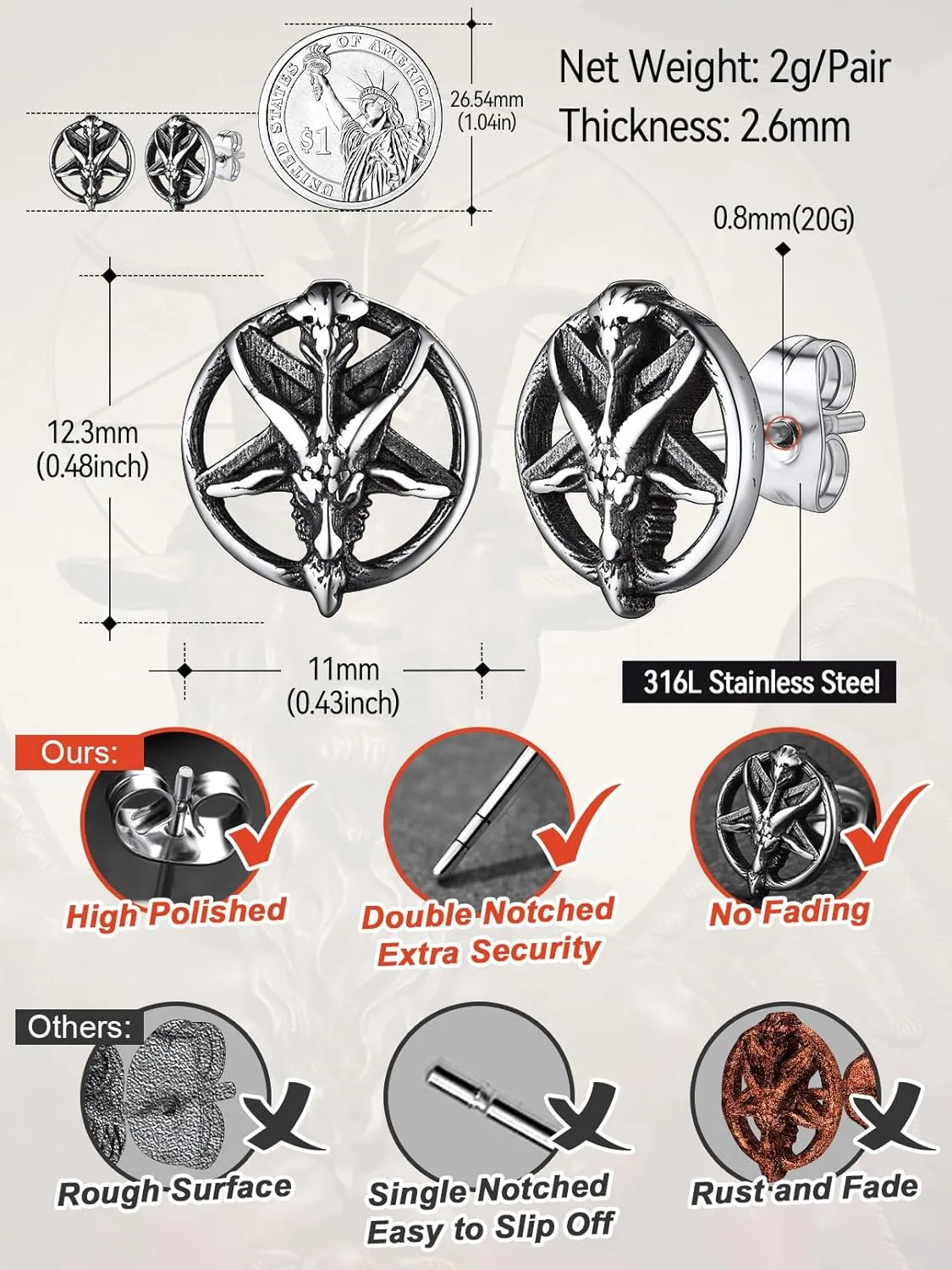 FaithHeart Silver Satan Stud Earrings for Men Baphomet/Skull/Leviathan/Lucifer Earrings Stainless Steel Lightweight Earrings Gothic Punk Satanic Jewelry