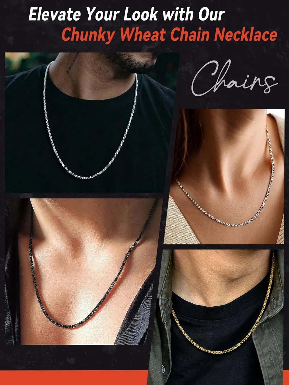 FaithHeart Stainless Steel Chains for Men, Silver/Black/14K Gold Plated Snake/Wheat/Box/Rope/Rolo Chain Necklace 16-30 Inches with Delicate Gift Box