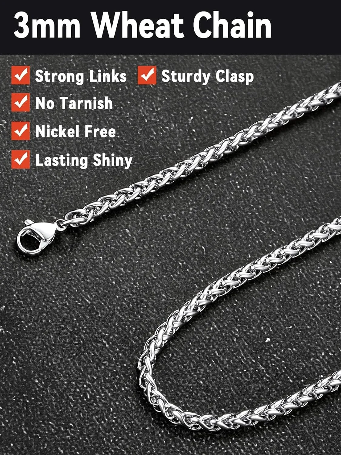 FaithHeart Stainless Steel Chains for Men, Silver/Black/14K Gold Plated Snake/Wheat/Box/Rope/Rolo Chain Necklace 16-30 Inches with Delicate Gift Box