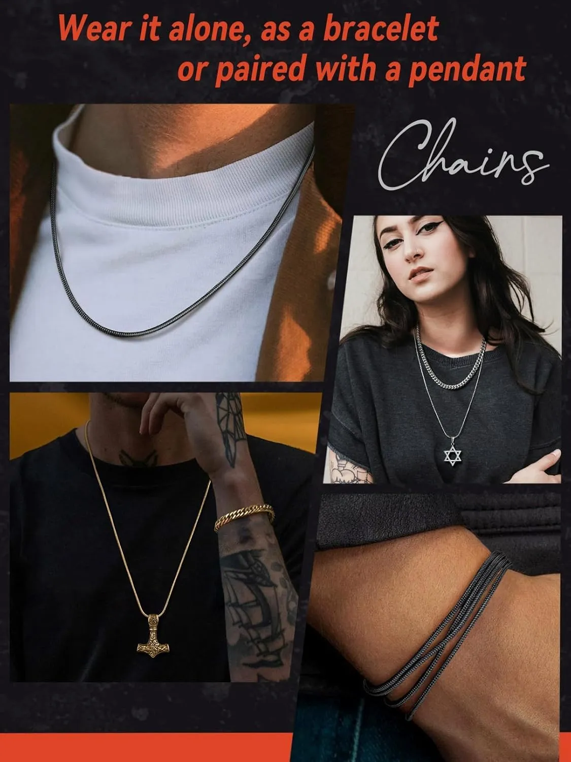 FaithHeart Stainless Steel Chains for Men, Silver/Black/14K Gold Plated Snake/Wheat/Box/Rope/Rolo Chain Necklace 16-30 Inches with Delicate Gift Box