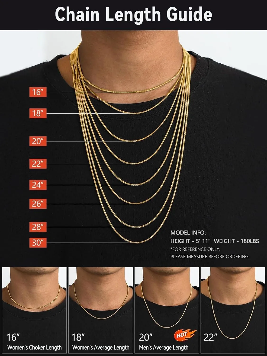 FaithHeart Stainless Steel Chains for Men, Silver/Black/14K Gold Plated Snake/Wheat/Box/Rope/Rolo Chain Necklace 16-30 Inches with Delicate Gift Box