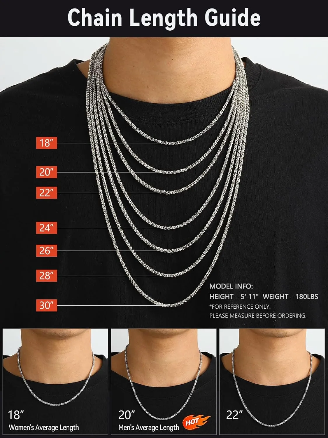 FaithHeart Stainless Steel Chains for Men, Silver/Black/14K Gold Plated Snake/Wheat/Box/Rope/Rolo Chain Necklace 16-30 Inches with Delicate Gift Box