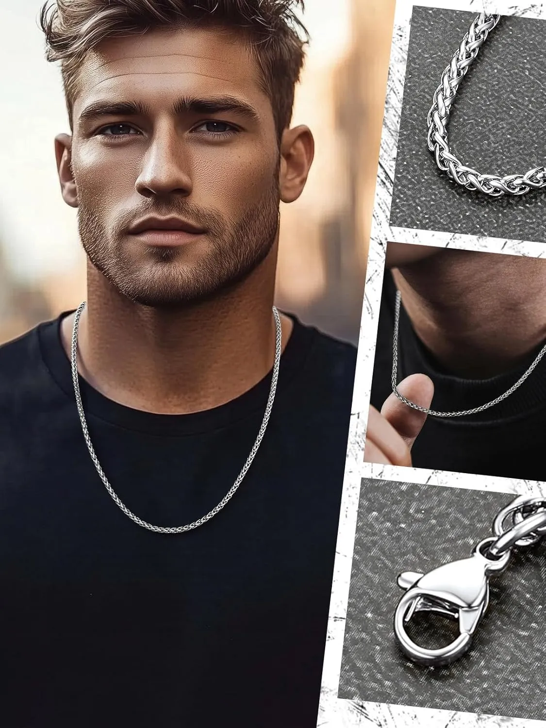 FaithHeart Stainless Steel Chains for Men, Silver/Black/14K Gold Plated Snake/Wheat/Box/Rope/Rolo Chain Necklace 16-30 Inches with Delicate Gift Box