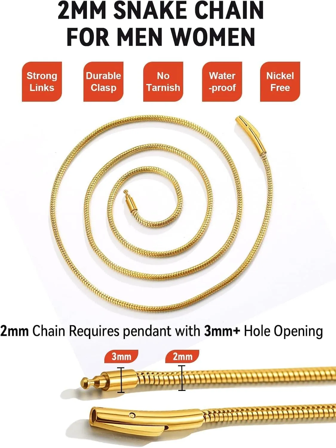 FaithHeart Stainless Steel Chains for Men, Silver/Black/14K Gold Plated Snake/Wheat/Box/Rope/Rolo Chain Necklace 16-30 Inches with Delicate Gift Box