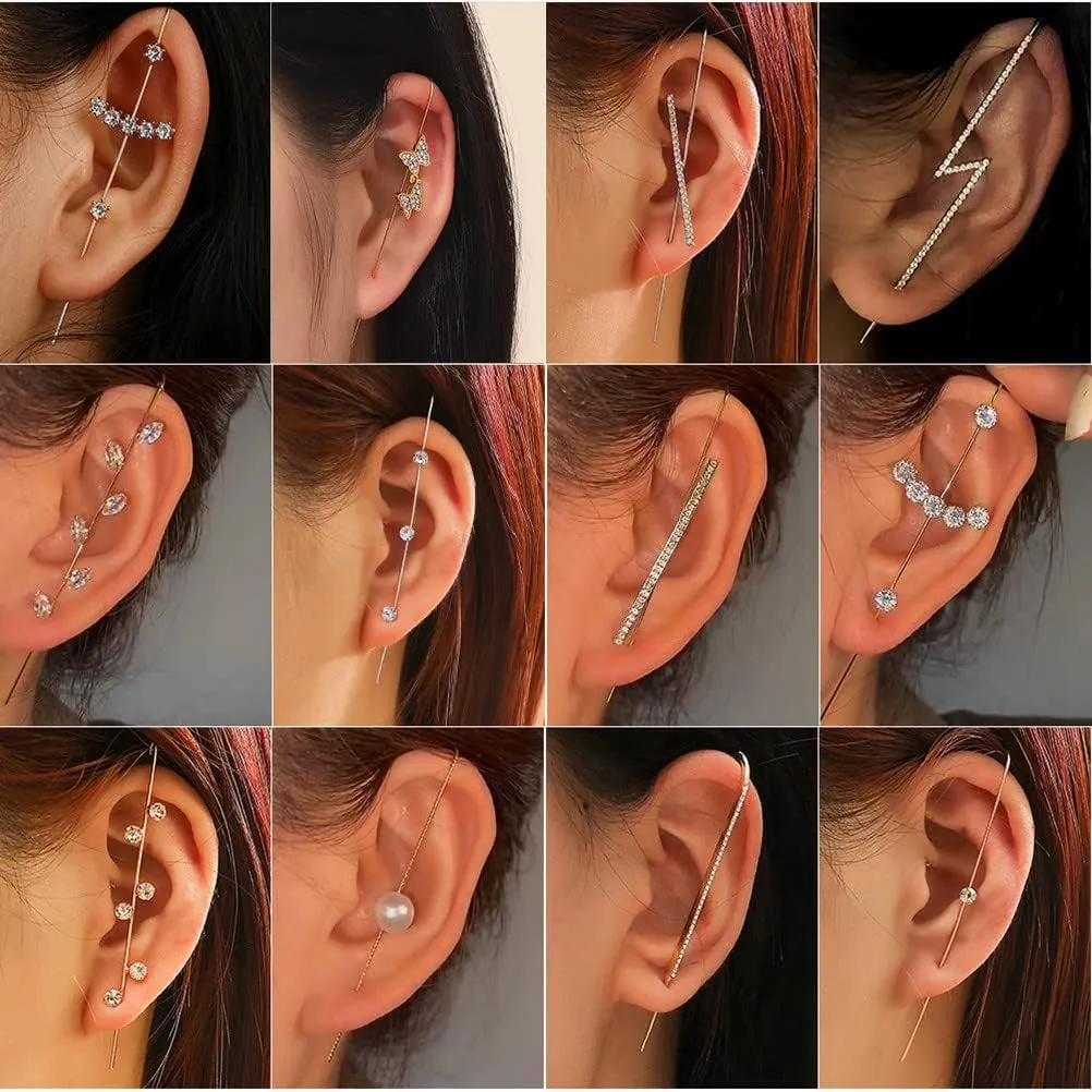 FASUND 4/6/8 Pcs Ear Wrap Crawler Hook Earrings for Women Gold Silver Cubic Zirconia Rhinestone Pearl Needle Lightning Piercing Wrap Around Ear Climbers