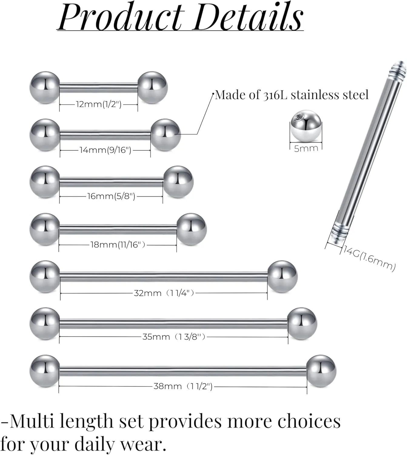 FECTAS 14G Mix Size Industrial Nipple Piercing Jewelry with Clear Piercing Retainers Stainless Steel Straight Industrial Barbell Earrings for Cartilage Piercing Plastic Nipple Tongue Rings 28PCS