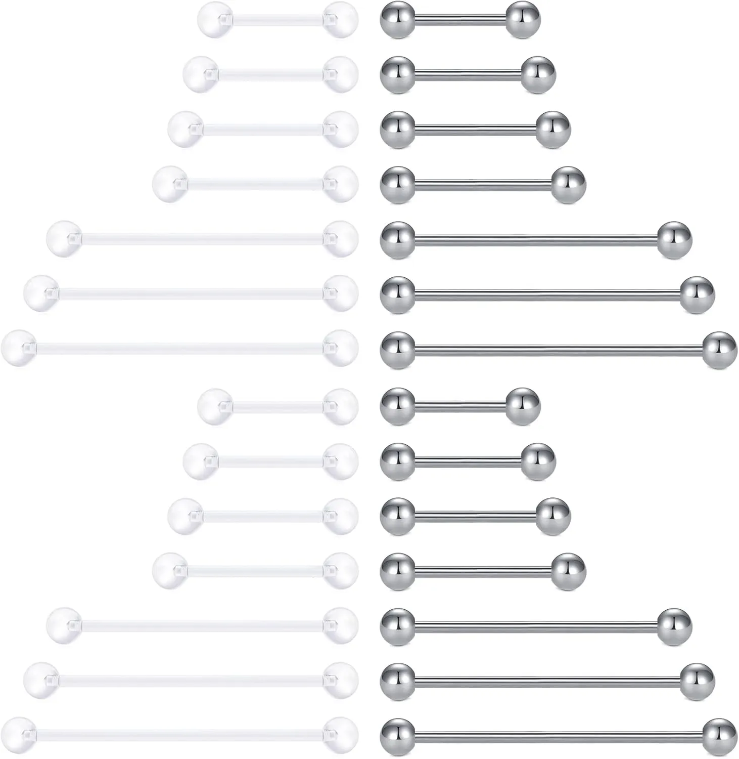 FECTAS 14G Mix Size Industrial Nipple Piercing Jewelry with Clear Piercing Retainers Stainless Steel Straight Industrial Barbell Earrings for Cartilage Piercing Plastic Nipple Tongue Rings 28PCS