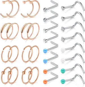 FECTAS 20g 8mm Nose Rings Hoop Surgical Steel Nose Studs Screw Nostril Piercing Piercing Ring Hoops Jewelry Set for Women Men