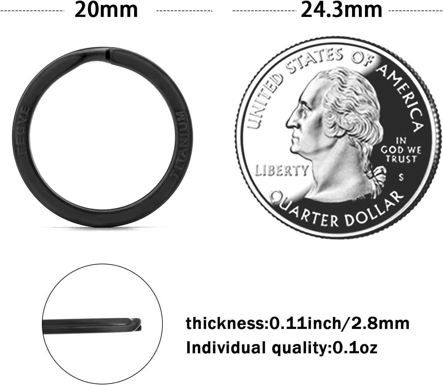 FEGVE Titanium Key Rings Split Rings 4 Packs, for Home Car Keys Organization, Sandblasted (Black - 20mm / 0.79 inch)