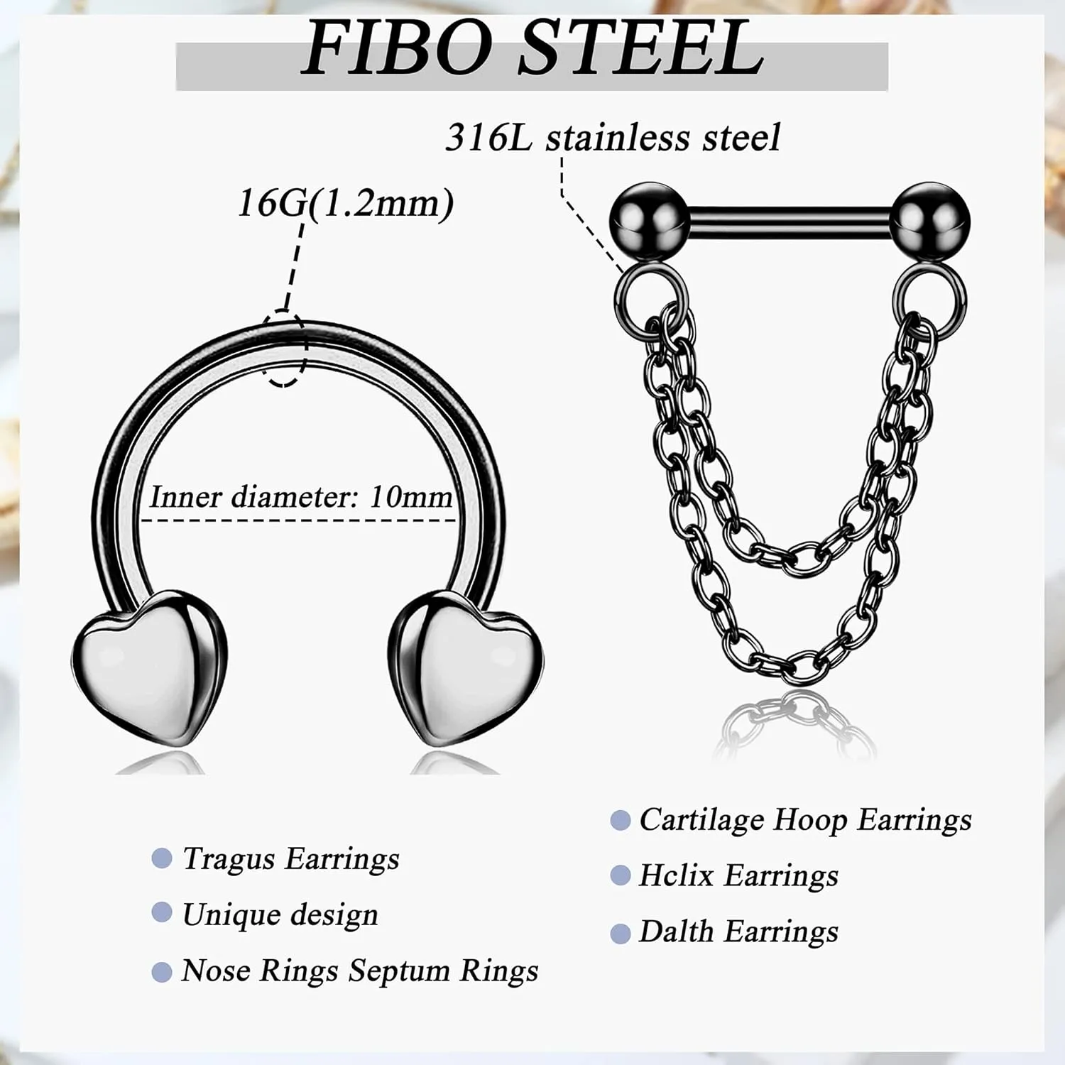 FIBO STEEL 16G Septum Ring for Women Dangle Septum Jewelry Hinged Nose Rings Surgical Steel Star Heart Horseshoe Daith Tragus Helix Cartilage Hoop Earrings Septum Piercing Jewerly