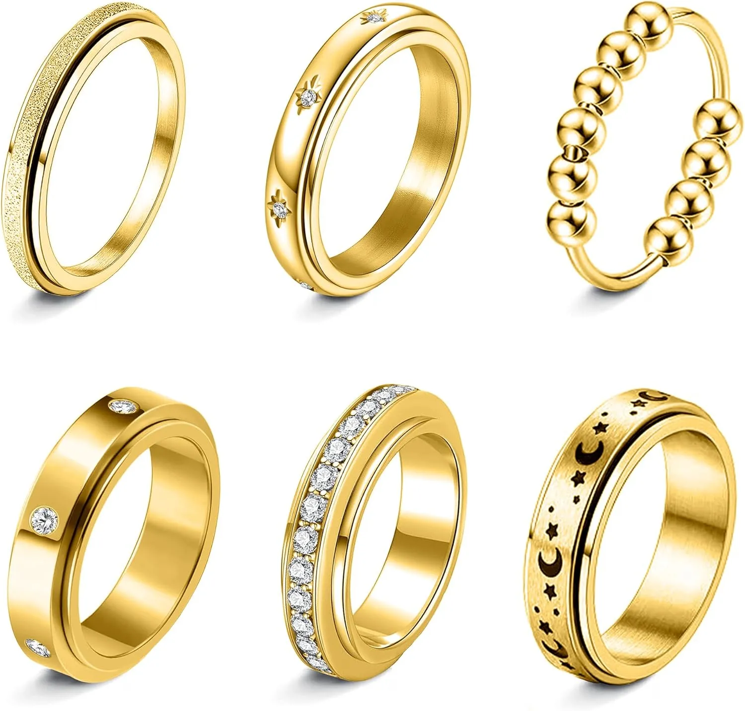 Fidget Rings for Anxiety 6pcs Stainless Steel Spinner Ring Anti Anxiety Ring Spinning Moon Star Cool Stress Relieveing CZ Rings for Women Men Band Rings Set