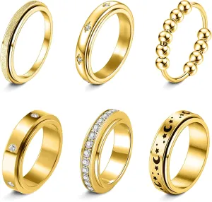 Fidget Rings for Anxiety 6pcs Stainless Steel Spinner Ring Anti Anxiety Ring Spinning Moon Star Cool Stress Relieveing CZ Rings for Women Men Band Rings Set