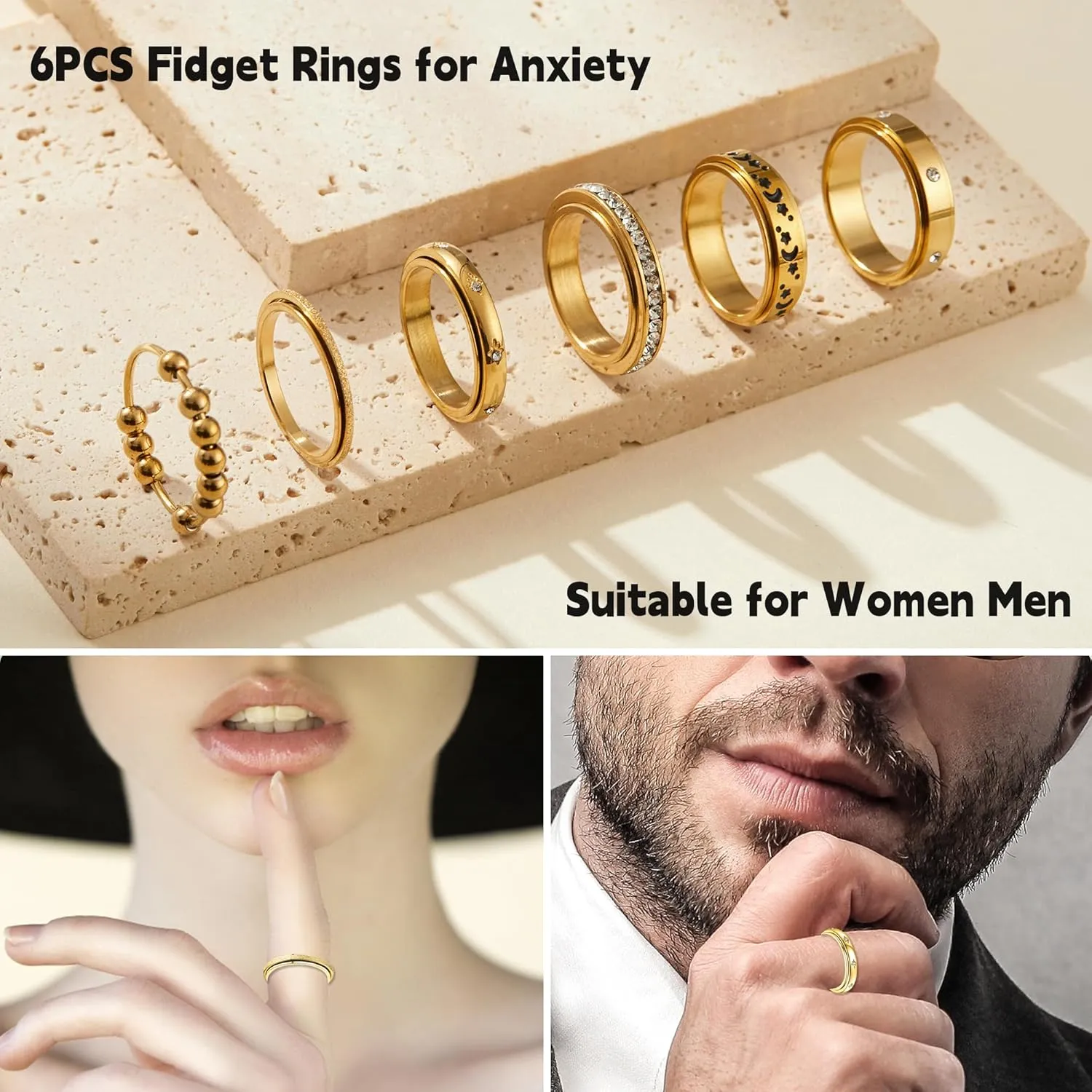 Fidget Rings for Anxiety 6pcs Stainless Steel Spinner Ring Anti Anxiety Ring Spinning Moon Star Cool Stress Relieveing CZ Rings for Women Men Band Rings Set