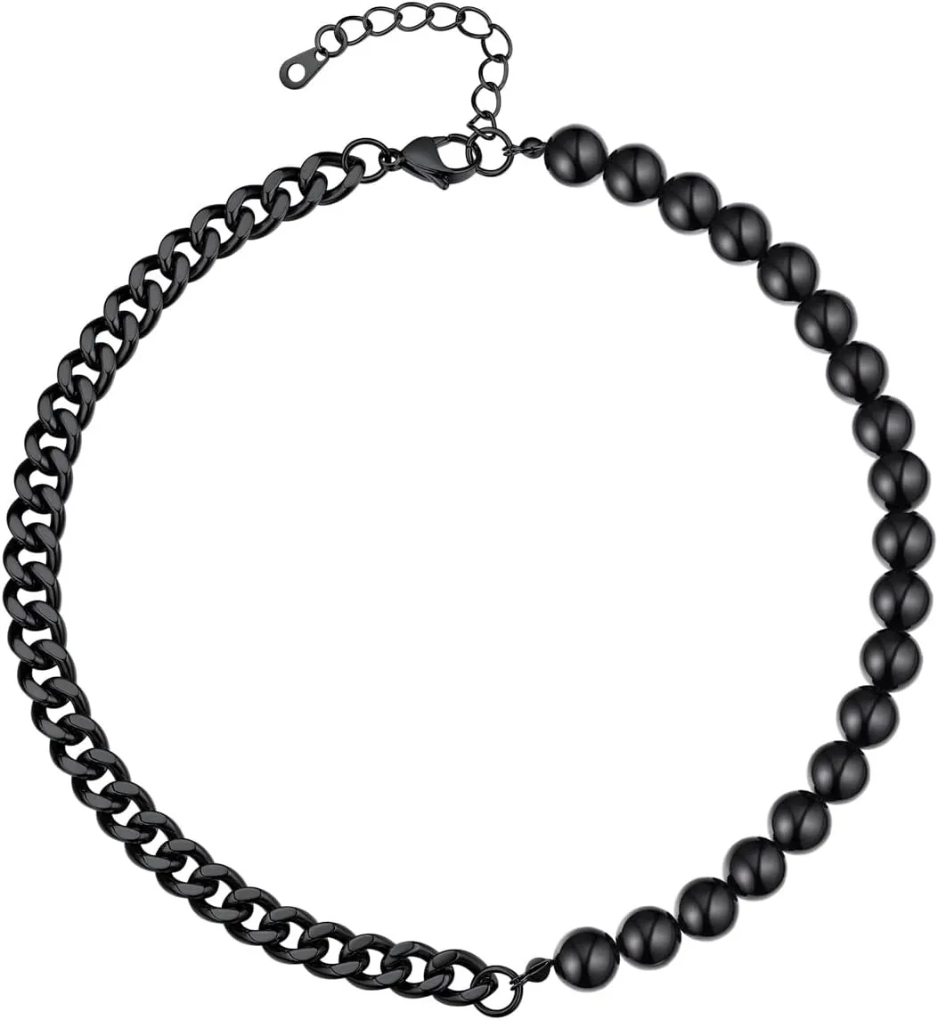 FindChic Pearl Choker Necklaces for Women Stainless Steel White/Black Beaded Pearl Collar Half Cuban Chain Stacking Necklace Jewelry Gift for Her Mom, with Gift Box