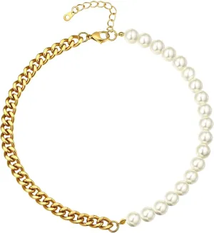 FindChic Pearl Choker Necklaces for Women Stainless Steel White/Black Beaded Pearl Collar Half Cuban Chain Stacking Necklace Jewelry Gift for Her Mom, with Gift Box