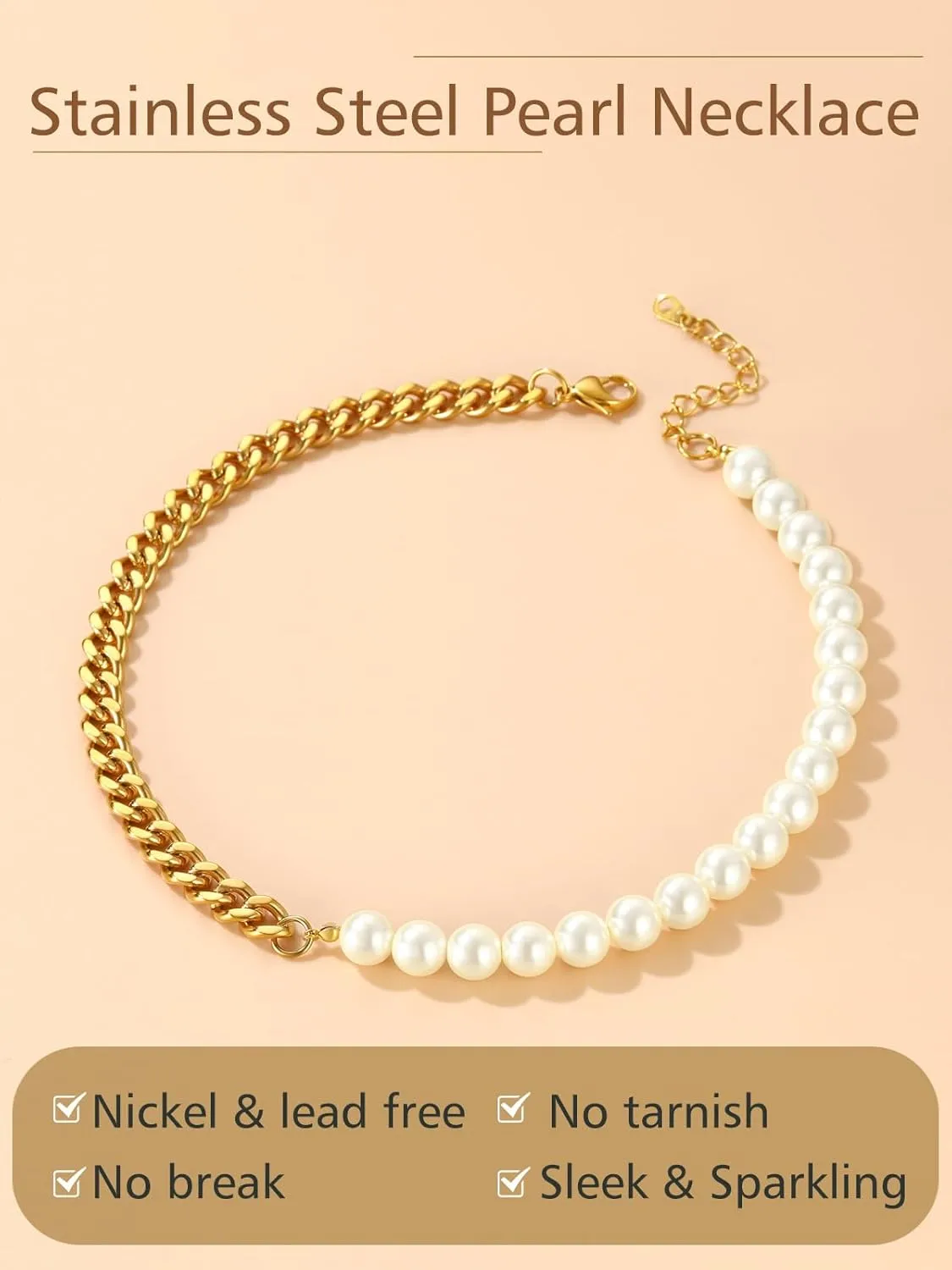 FindChic Pearl Choker Necklaces for Women Stainless Steel White/Black Beaded Pearl Collar Half Cuban Chain Stacking Necklace Jewelry Gift for Her Mom, with Gift Box