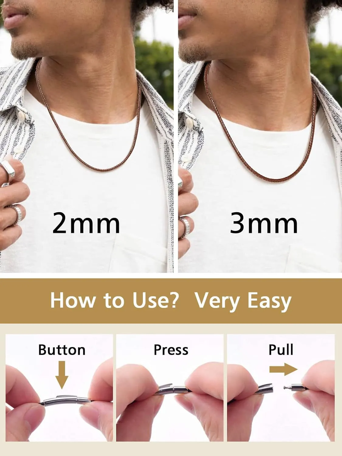 FindChic Waterproof Black Leather Cord Necklaces for Women Men 2mm/3mm Width 16inch to 30 inch Brown Waxed Rope Chain to Match Pendant, with Gift Box
