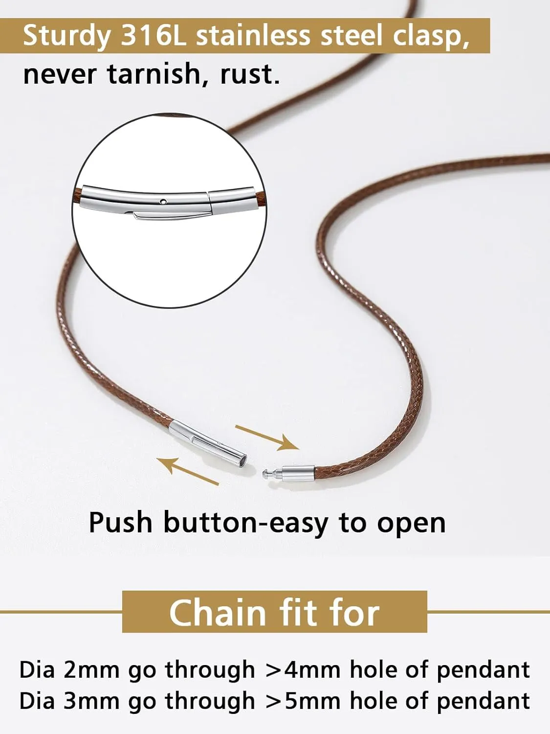 FindChic Waterproof Black Leather Cord Necklaces for Women Men 2mm/3mm Width 16inch to 30 inch Brown Waxed Rope Chain to Match Pendant, with Gift Box
