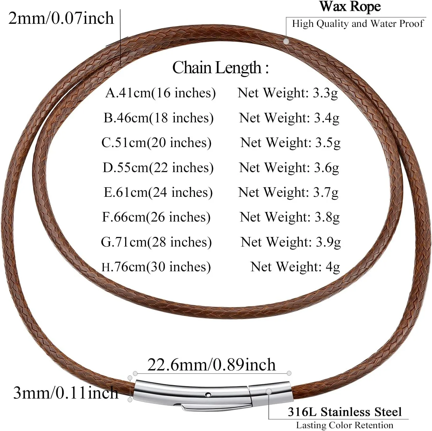 FindChic Waterproof Black Leather Cord Necklaces for Women Men 2mm/3mm Width 16inch to 30 inch Brown Waxed Rope Chain to Match Pendant, with Gift Box