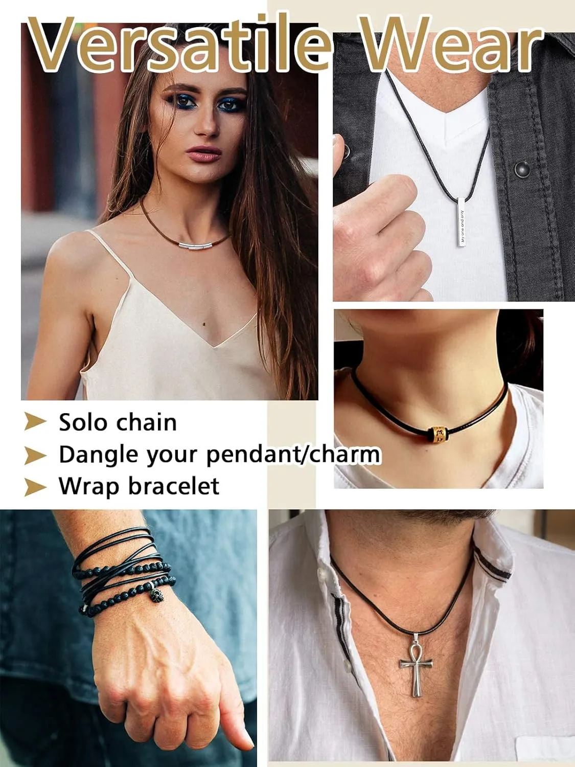 FindChic Waterproof Black Leather Cord Necklaces for Women Men 2mm/3mm Width 16inch to 30 inch Brown Waxed Rope Chain to Match Pendant, with Gift Box