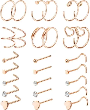 FINREZIO 27PCS 22G Surgical Steel Nose Rings Hoop Nose Studs for Women Men L Shaped Nose Rings Stud Cartilage Earrings Piercing Jewelry