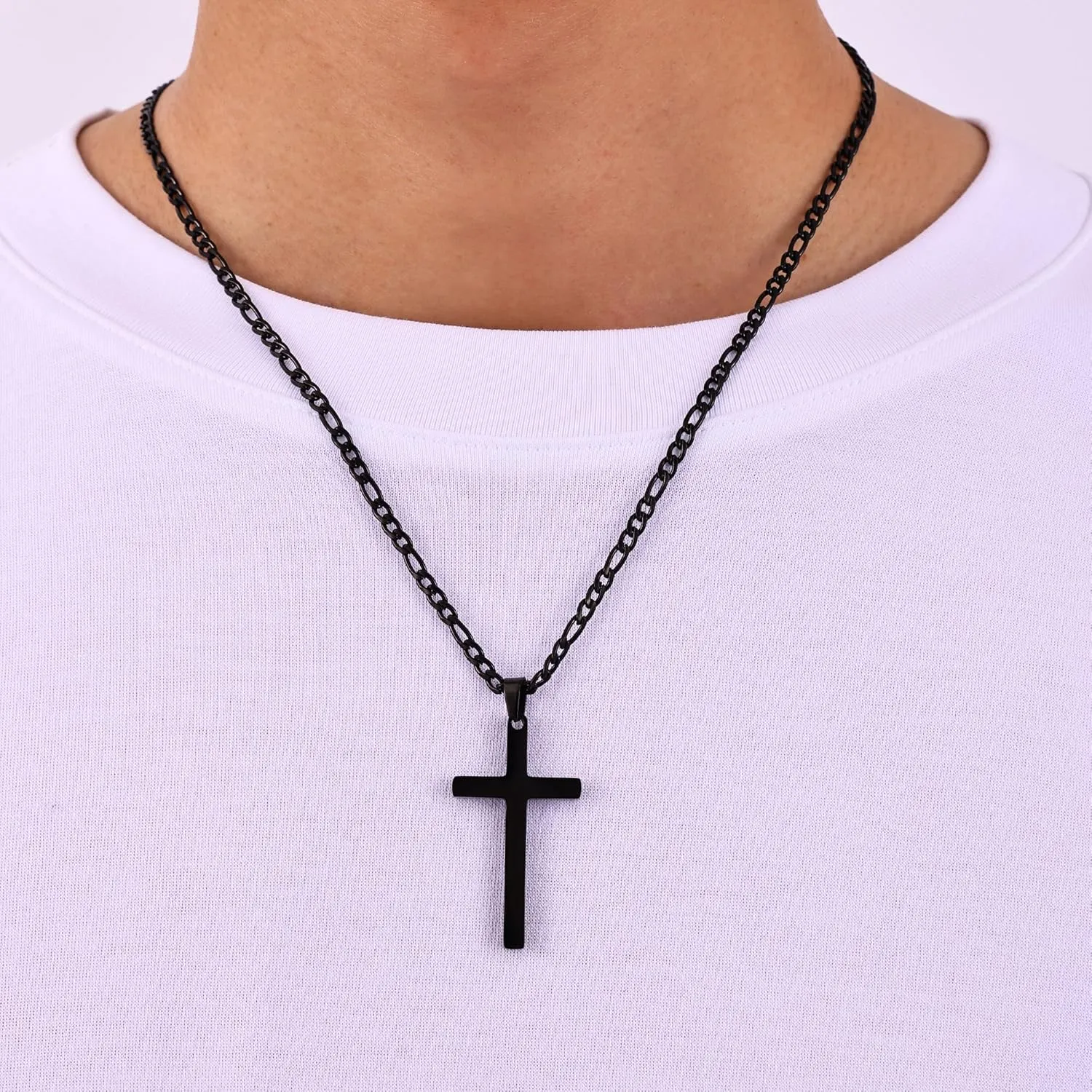 Fiusem Black Cross Necklace for Men, Stainless Steel Mens Cross Necklaces with 3.5mm Figaro Chain, Pendant Chain 16-24 Inches