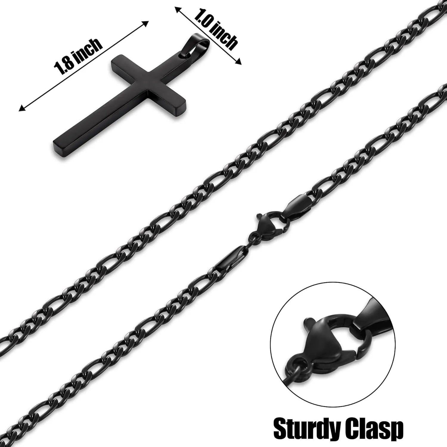 Fiusem Black Cross Necklace for Men, Stainless Steel Mens Cross Necklaces with 3.5mm Figaro Chain, Pendant Chain 16-24 Inches