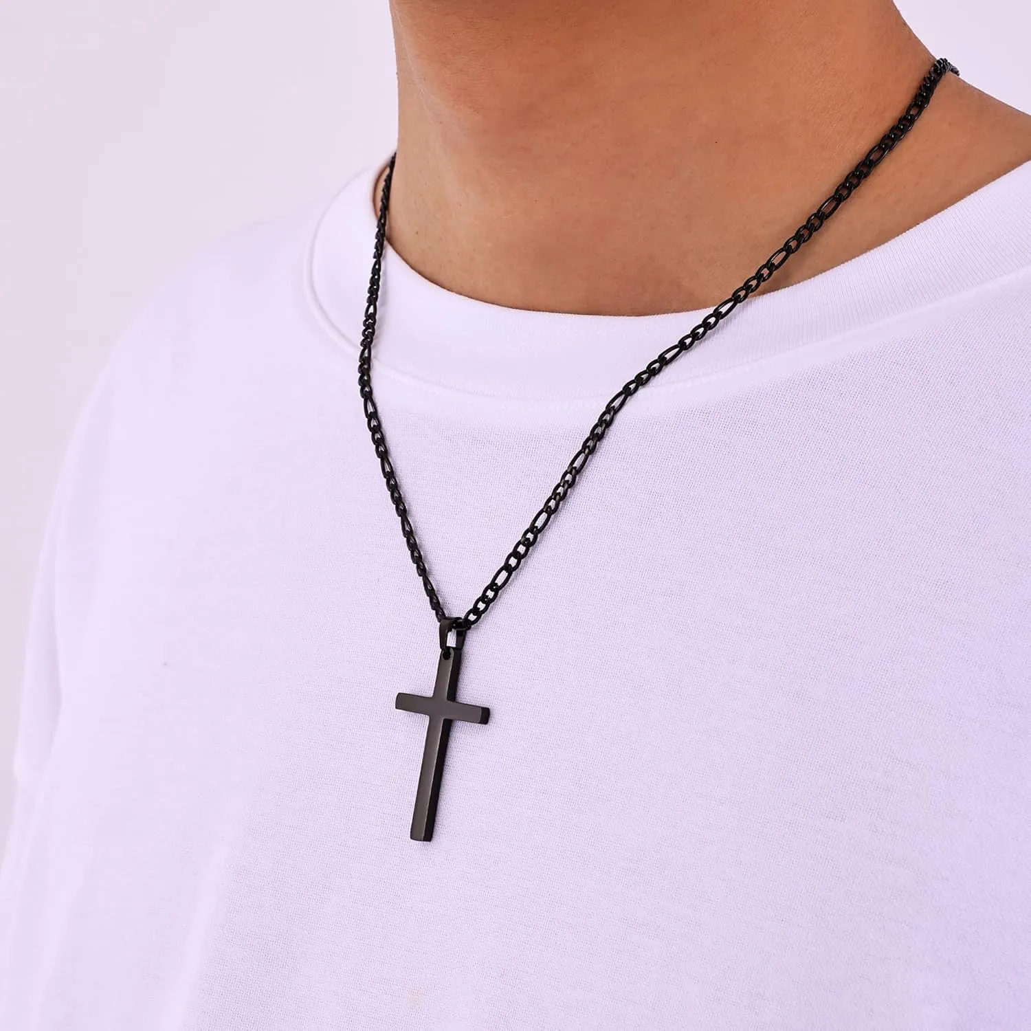 Fiusem Black Cross Necklace for Men, Stainless Steel Mens Cross Necklaces with 3.5mm Figaro Chain, Pendant Chain 16-24 Inches