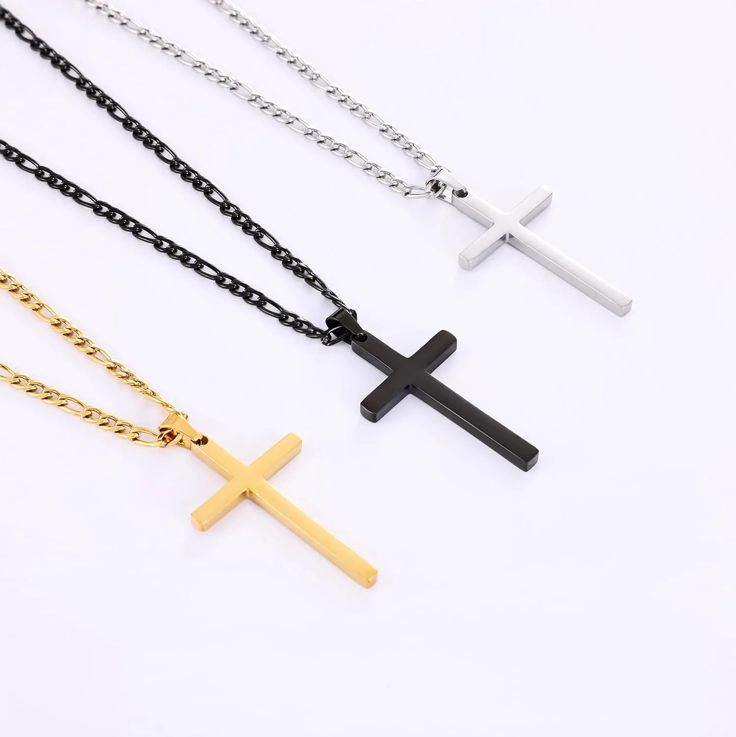 Fiusem Black Cross Necklace for Men, Stainless Steel Mens Cross Necklaces with 3.5mm Figaro Chain, Pendant Chain 16-24 Inches
