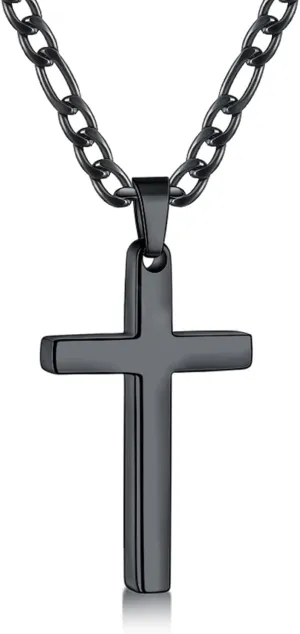 Fiusem Black Cross Necklace for Men, Stainless Steel Mens Cross Necklaces with 3.5mm Figaro Chain, Pendant Chain 16-24 Inches