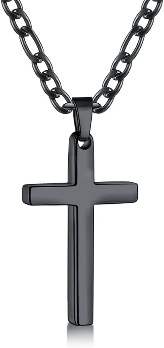 Fiusem Black Cross Necklace for Men, Stainless Steel Mens Cross Necklaces with 3.5mm Figaro Chain, Pendant Chain 16-24 Inches