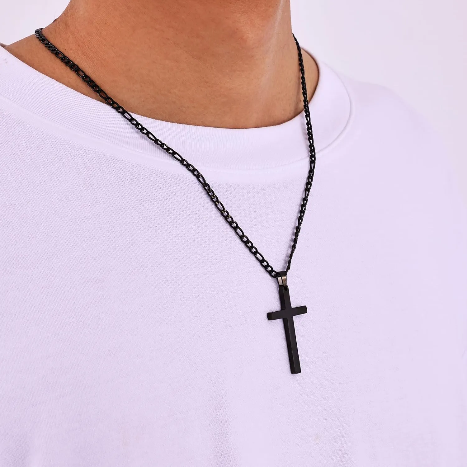 Fiusem Black Cross Necklace for Men, Stainless Steel Mens Cross Necklaces with 3.5mm Figaro Chain, Pendant Chain 16-24 Inches