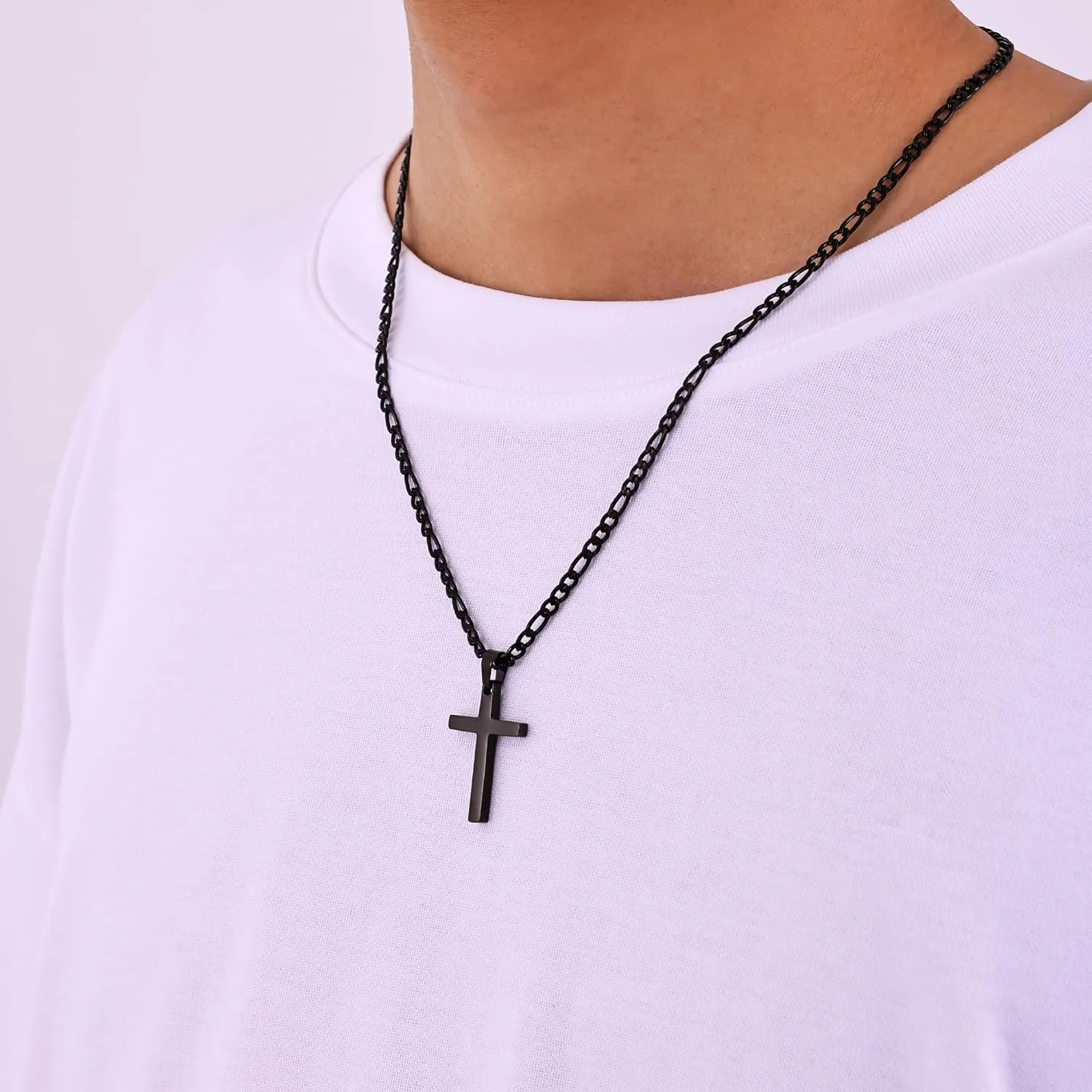 Fiusem Black Cross Necklace for Men, Stainless Steel Mens Cross Necklaces with 3.5mm Figaro Chain, Pendant Chain 16-24 Inches