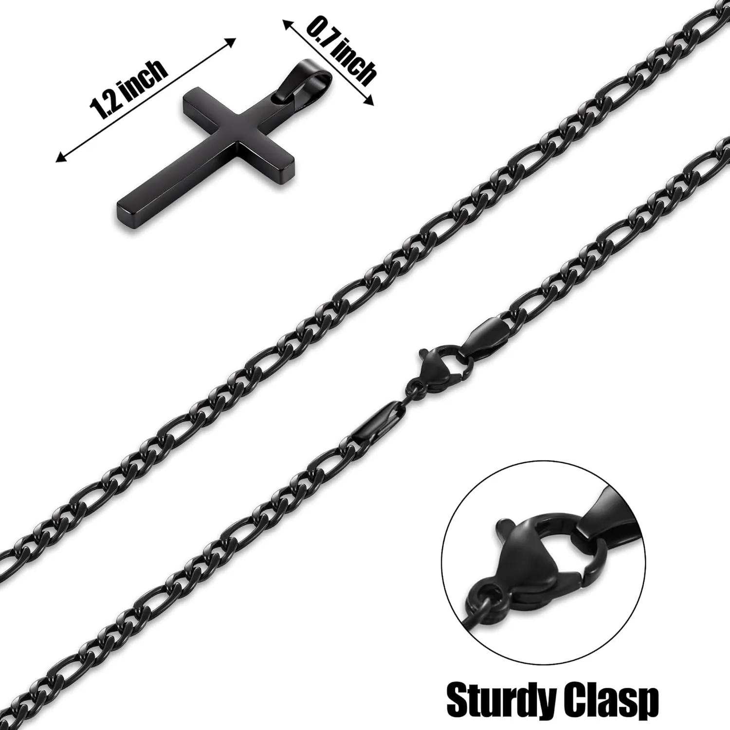Fiusem Black Cross Necklace for Men, Stainless Steel Mens Cross Necklaces with 3.5mm Figaro Chain, Pendant Chain 16-24 Inches