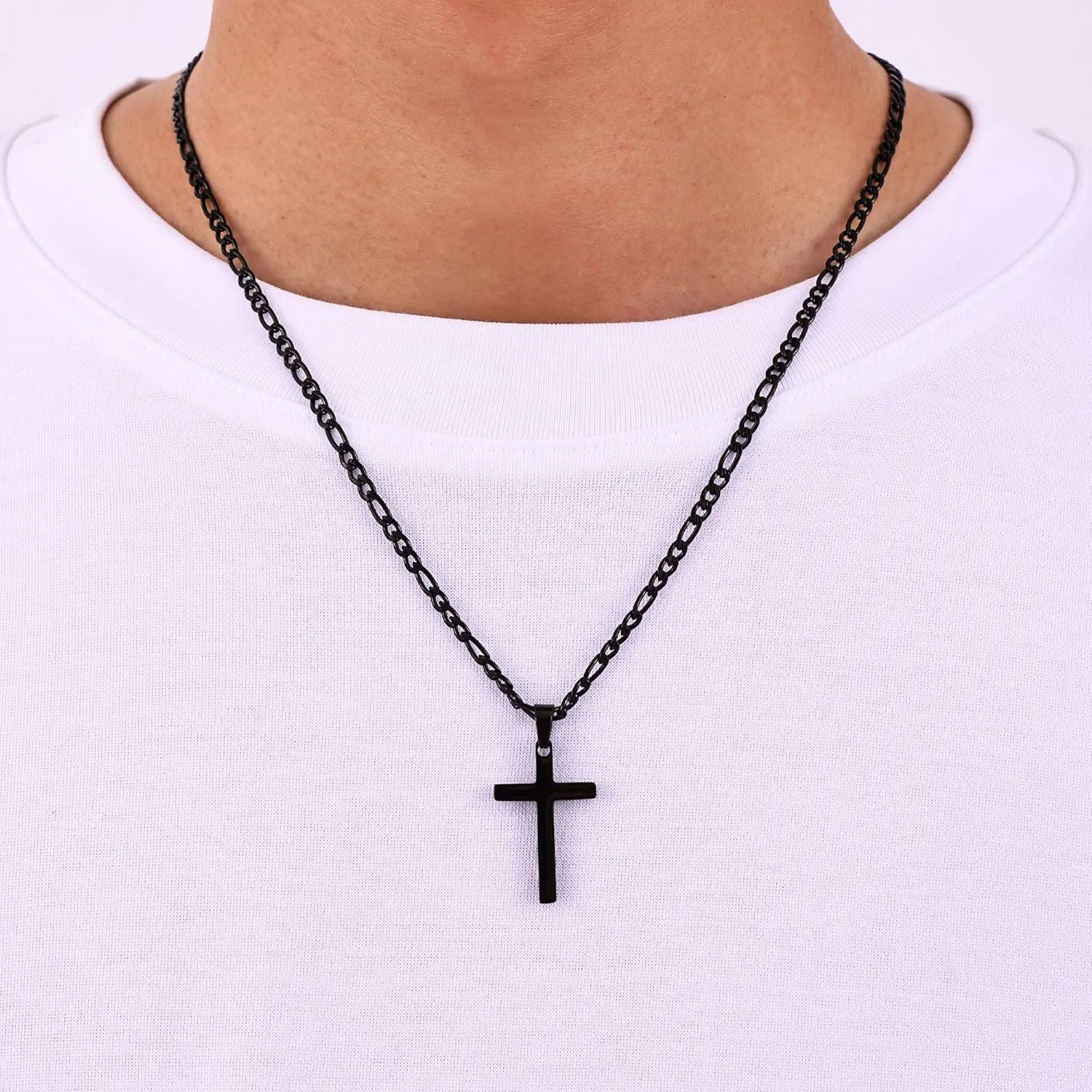 Fiusem Black Cross Necklace for Men, Stainless Steel Mens Cross Necklaces with 3.5mm Figaro Chain, Pendant Chain 16-24 Inches