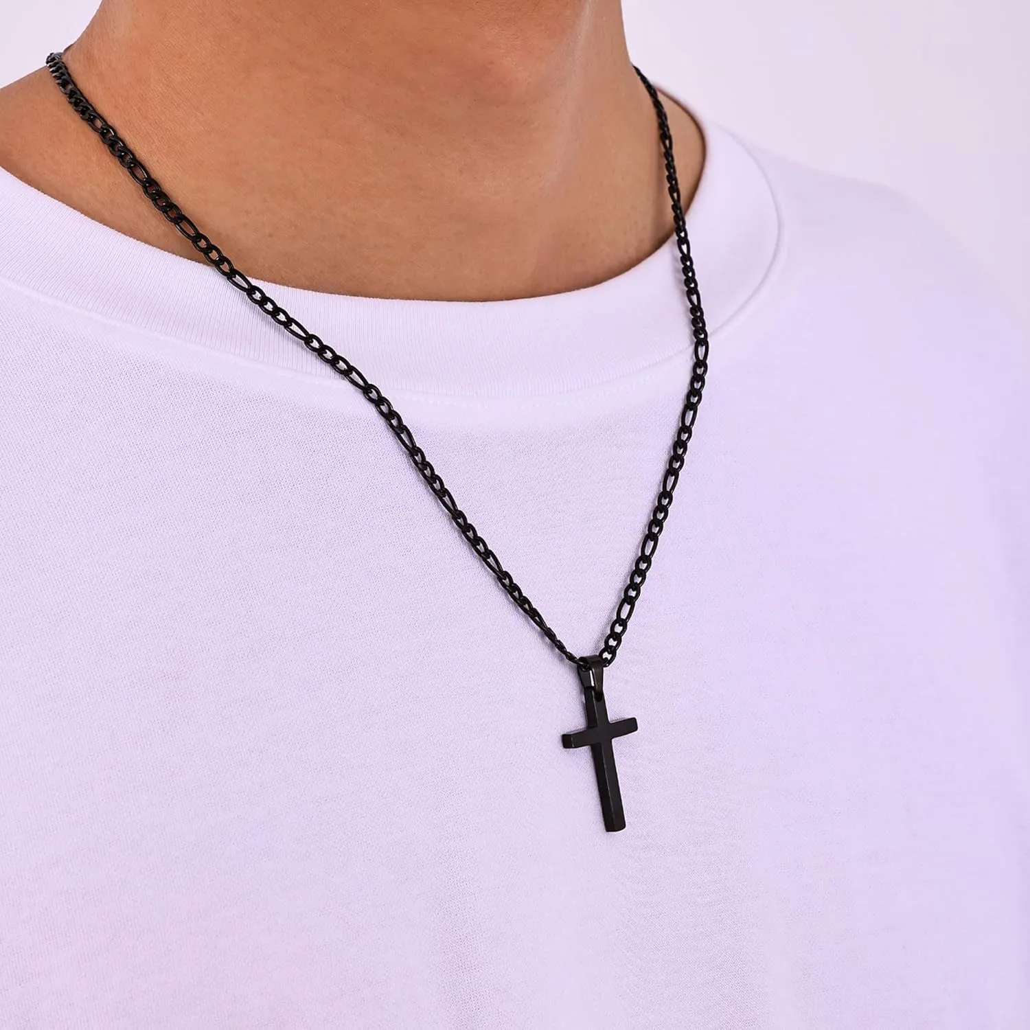 Fiusem Black Cross Necklace for Men, Stainless Steel Mens Cross Necklaces with 3.5mm Figaro Chain, Pendant Chain 16-24 Inches