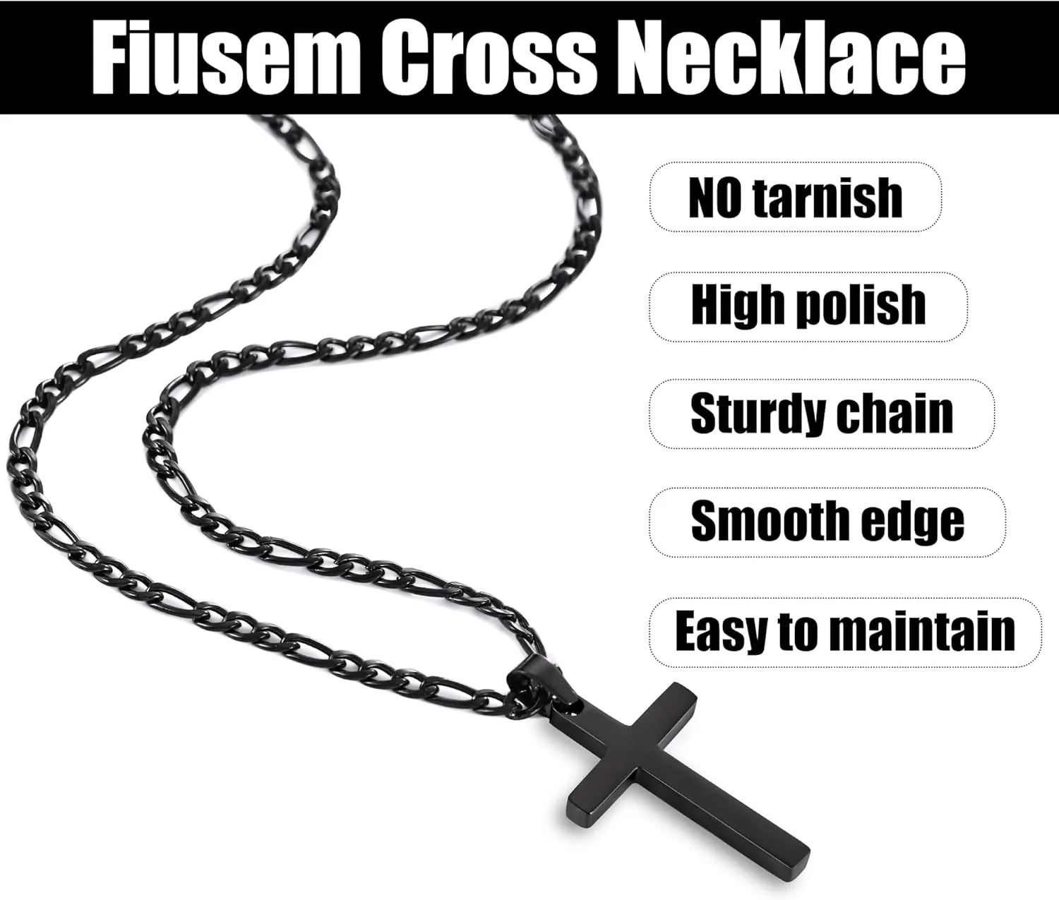 Fiusem Black Cross Necklace for Men, Stainless Steel Mens Cross Necklaces with 3.5mm Figaro Chain, Pendant Chain 16-24 Inches