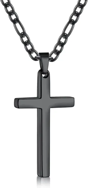 Fiusem Black Cross Necklace for Men, Stainless Steel Mens Cross Necklaces with 3.5mm Figaro Chain, Pendant Chain 16-24 Inches