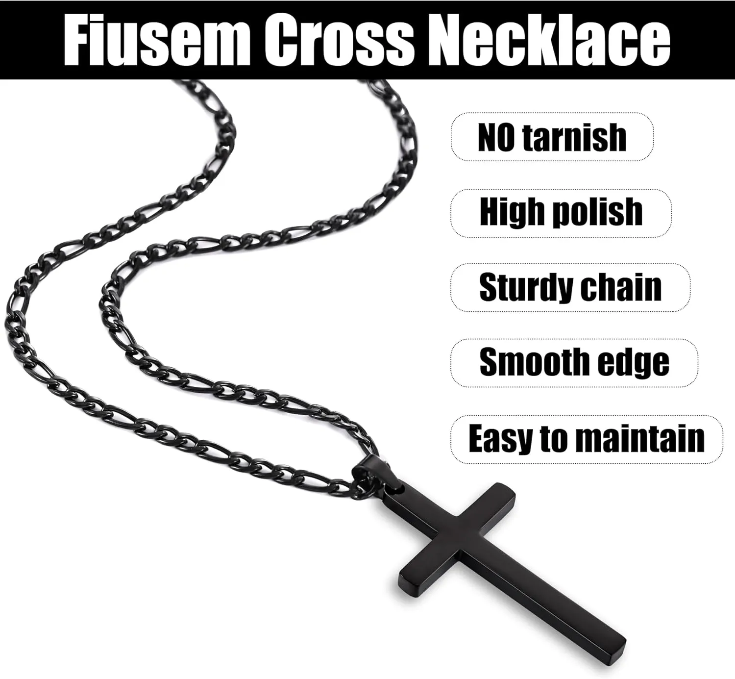 Fiusem Black Cross Necklace for Men, Stainless Steel Mens Cross Necklaces with 3.5mm Figaro Chain, Pendant Chain 16-24 Inches