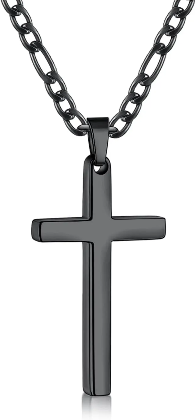 Fiusem Black Cross Necklace for Men, Stainless Steel Mens Cross Necklaces with 3.5mm Figaro Chain, Pendant Chain 16-24 Inches