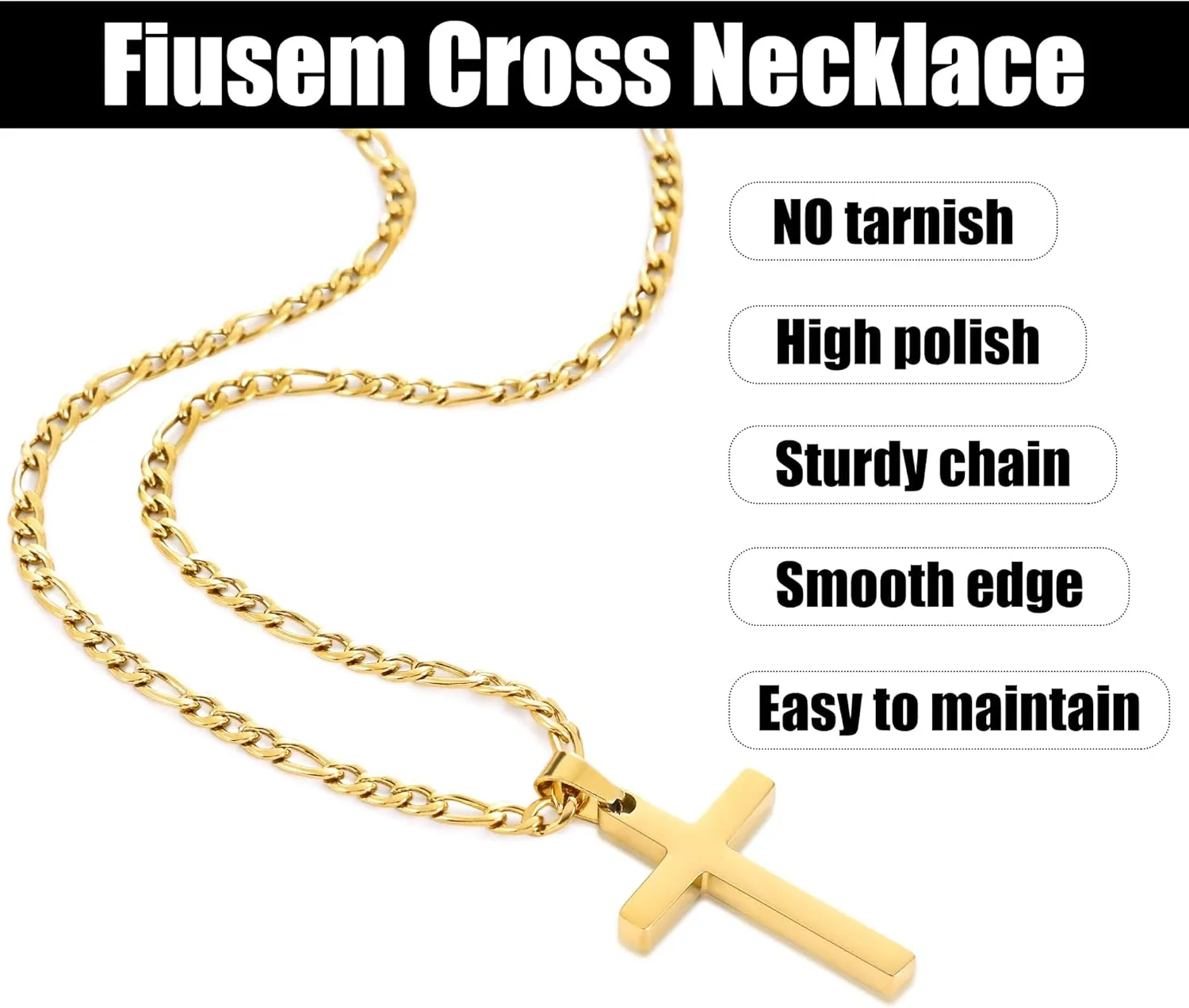 Fiusem Gold Plated Cross Necklace for Men, Stainless Steel Mens Cross Necklaces with 3.5mm Figaro Chain, Pendant Chain 16-24 Inches