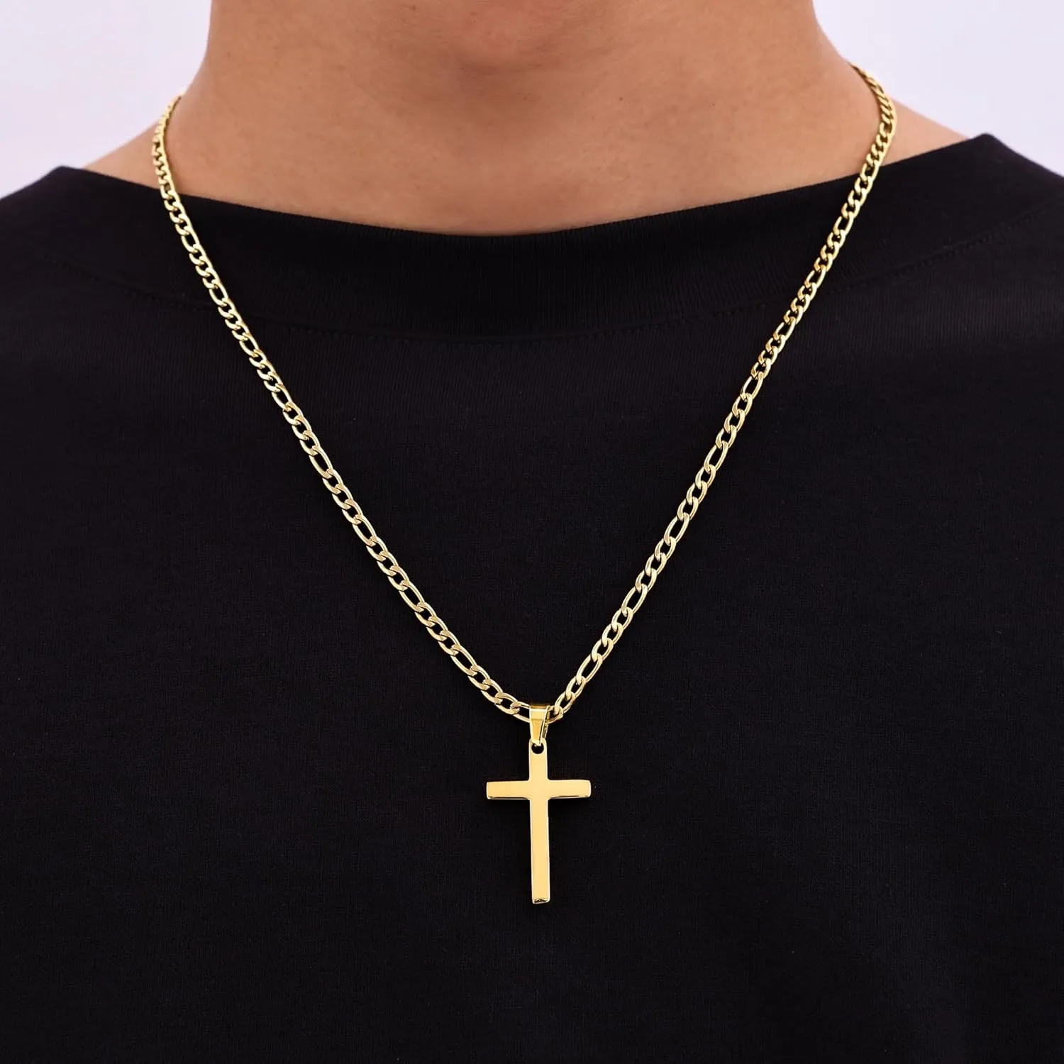 Fiusem Gold Plated Cross Necklace for Men, Stainless Steel Mens Cross Necklaces with 3.5mm Figaro Chain, Pendant Chain 16-24 Inches