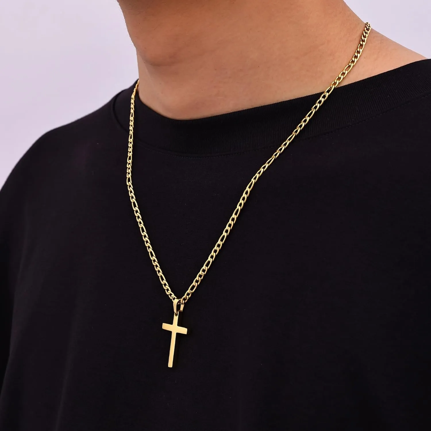 Fiusem Gold Plated Cross Necklace for Men, Stainless Steel Mens Cross Necklaces with 3.5mm Figaro Chain, Pendant Chain 16-24 Inches