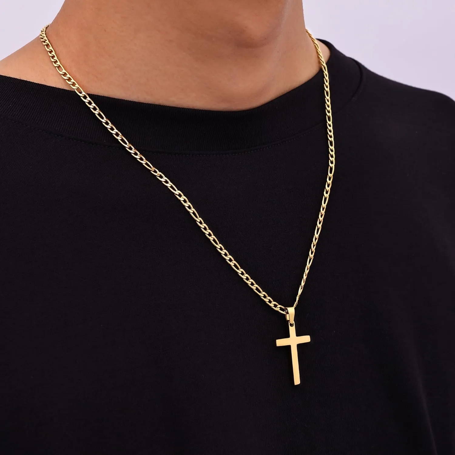 Fiusem Gold Plated Cross Necklace for Men, Stainless Steel Mens Cross Necklaces with 3.5mm Figaro Chain, Pendant Chain 16-24 Inches
