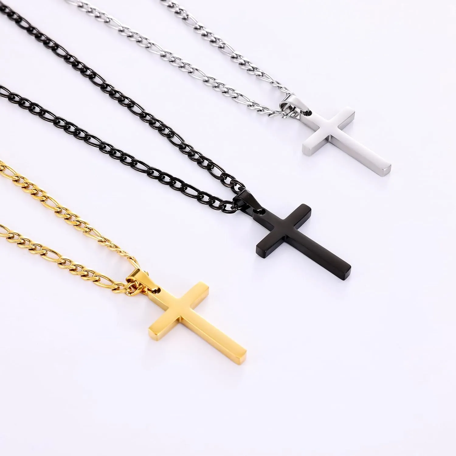 Fiusem Gold Plated Cross Necklace for Men, Stainless Steel Mens Cross Necklaces with 3.5mm Figaro Chain, Pendant Chain 16-24 Inches