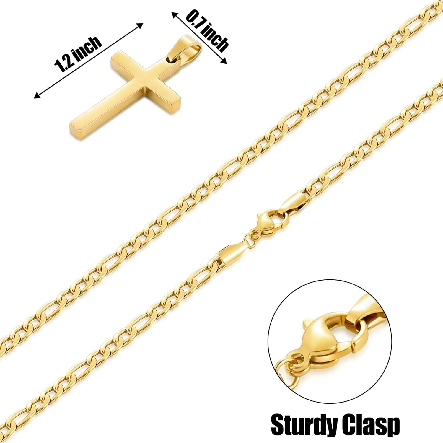 Fiusem Gold Plated Cross Necklace for Men, Stainless Steel Mens Cross Necklaces with 3.5mm Figaro Chain, Pendant Chain 16-24 Inches