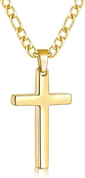 Fiusem Gold Plated Cross Necklace for Men, Stainless Steel Mens Cross Necklaces with 3.5mm Figaro Chain, Pendant Chain 16-24 Inches