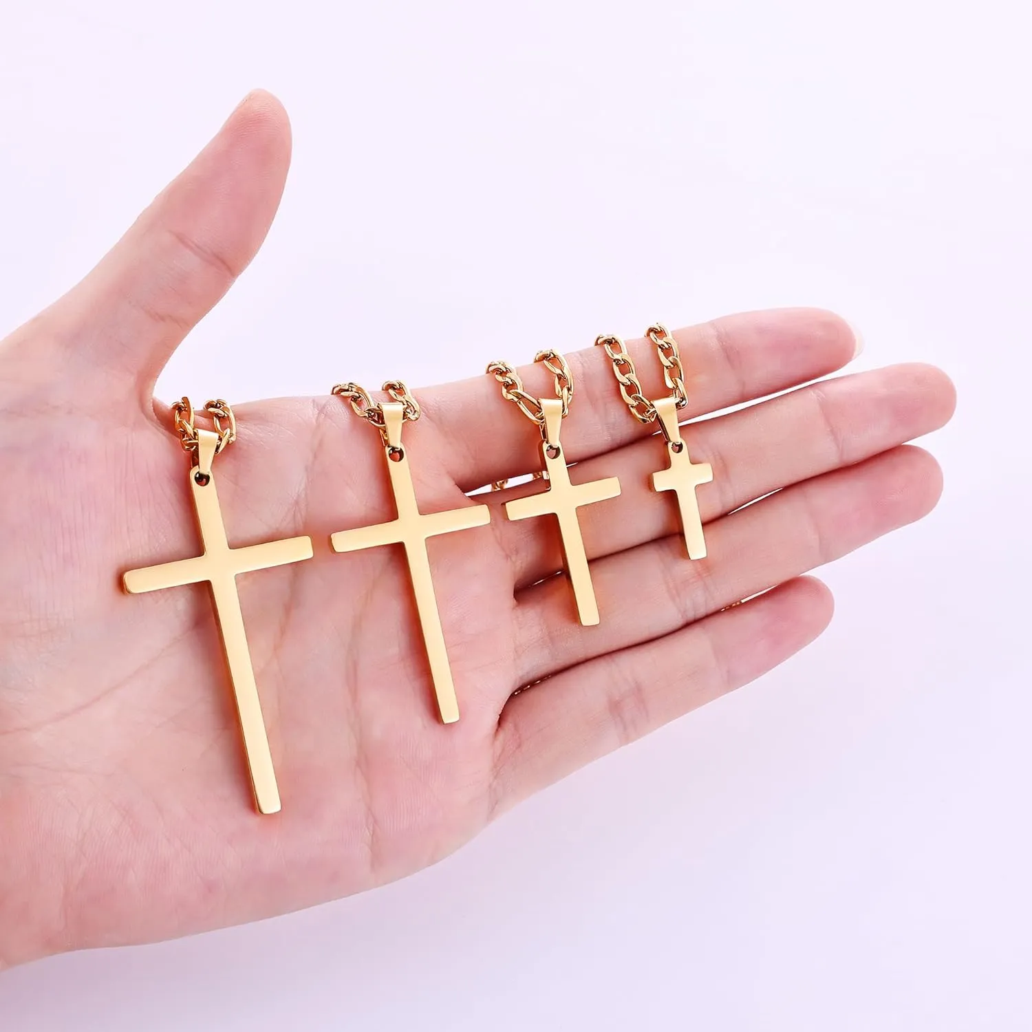 Fiusem Gold Plated Cross Necklace for Men, Stainless Steel Mens Cross Necklaces with 3.5mm Figaro Chain, Pendant Chain 16-24 Inches